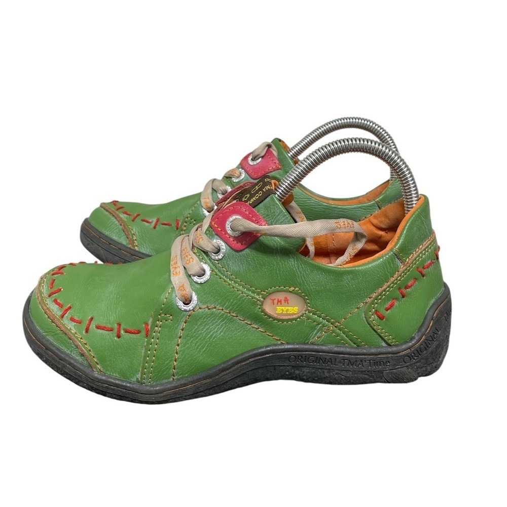 TMA Eyes Leather Oxford Shoes Womens 8 Green Red Whipstitch‎ Lace Up Artisan
